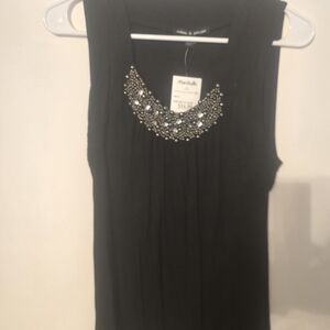 Cable & Gauge Black Sleeveless Tank with Beaded Jewel Collar